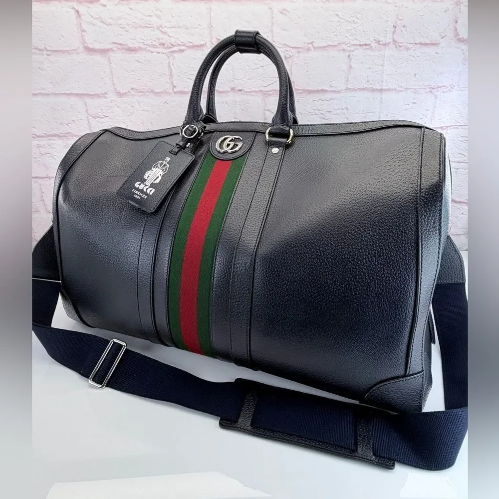 Gucci Navy Blue Savoy Web Stripe Duffle Travel Bag